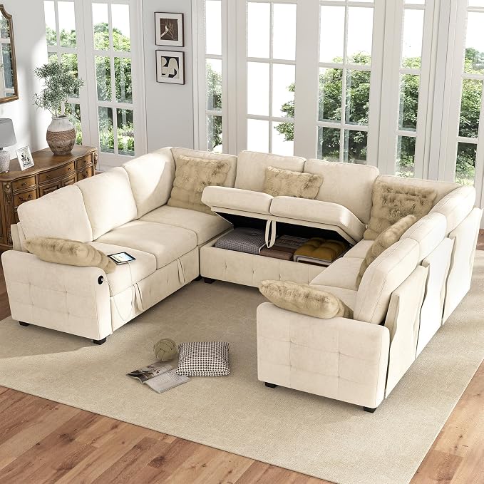 Hanherry Sectional Couch with Pull Out Sofa Bed, Chenille Sleeper Sofa with 2 - Image 8