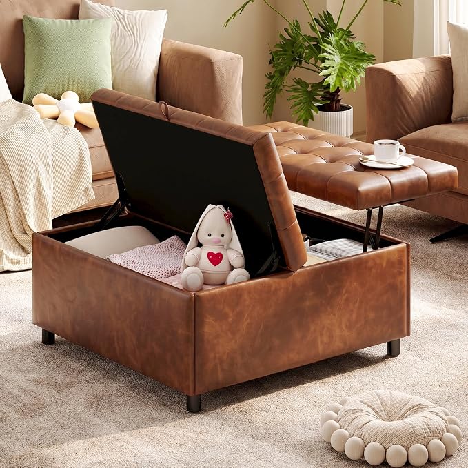 LINLUX Extra Large Leather Storage Ottoman, 35.5 Inch Large Square Lift Top by LINLUX
