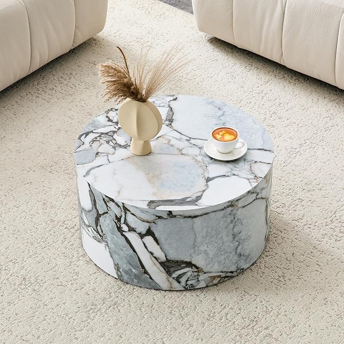Round Coffee Table, 23.6" Modern Faux Marble Drum Coffee Table, Round Accent - Image 3