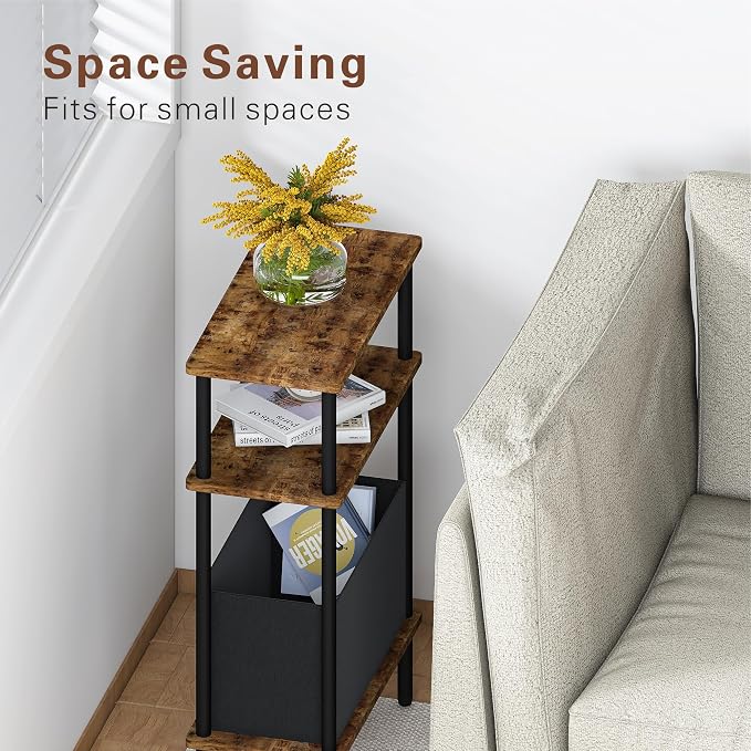 Narrow Side Table with Fabric Basket, Slim Nightstand with 3-Tier Storage Shelf - Image 5