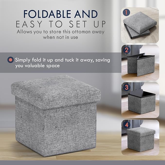 Ornavo Home Small Storage Ottoman Foldable Collapsible Cube Square Linen - Image 5