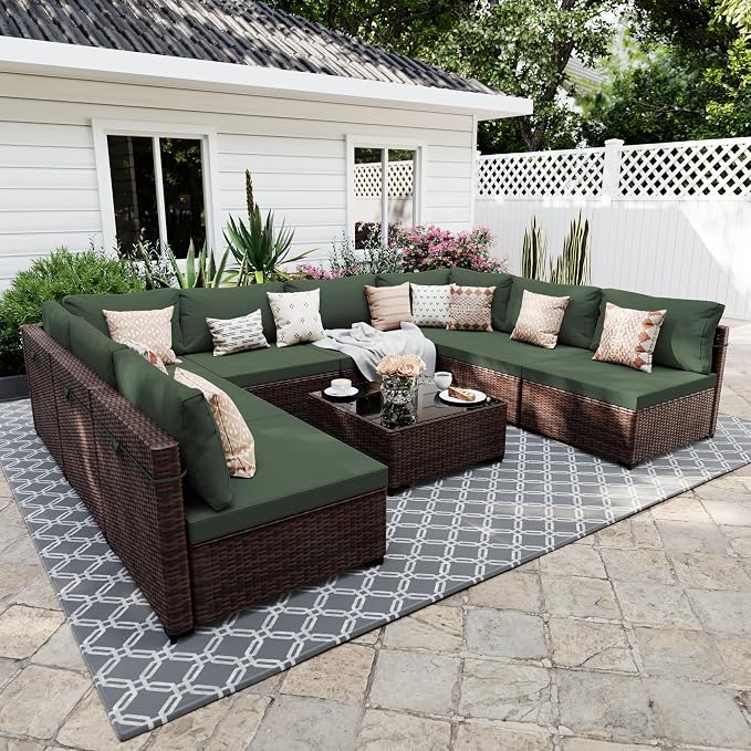 UPHA 9 Pieces Patio Furniture Sets, Wicker Outdoor Sectional Sofa Couch by UPHA
