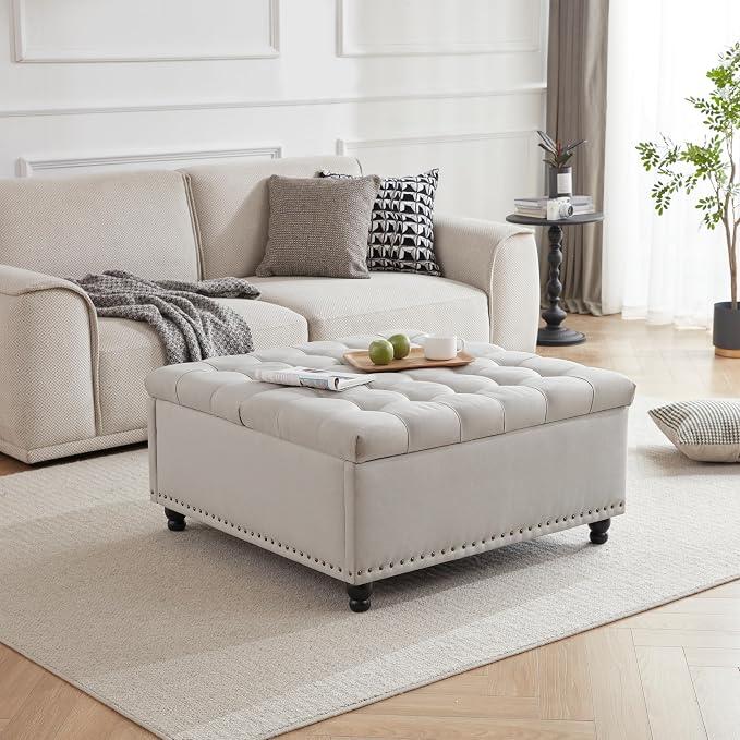 Tbfit Large Square Storage Ottoman Bench, Tufted Upholstered Coffee Table - Image 4