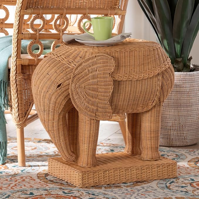 Bali & pari Elissa Bohemian Light Honey Rattan Elephant End Table - Image 2