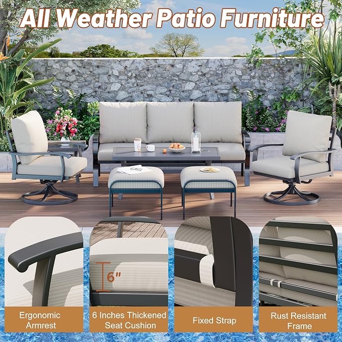 HOMREST Patio Furniture Sets 7 PCS Outdoor Metal Conversation Sets, 360 Degree - Image 5