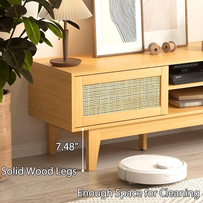 Boho TV Stand for 55 65 Inch TV, Rattan Entertainment Center - Image 6