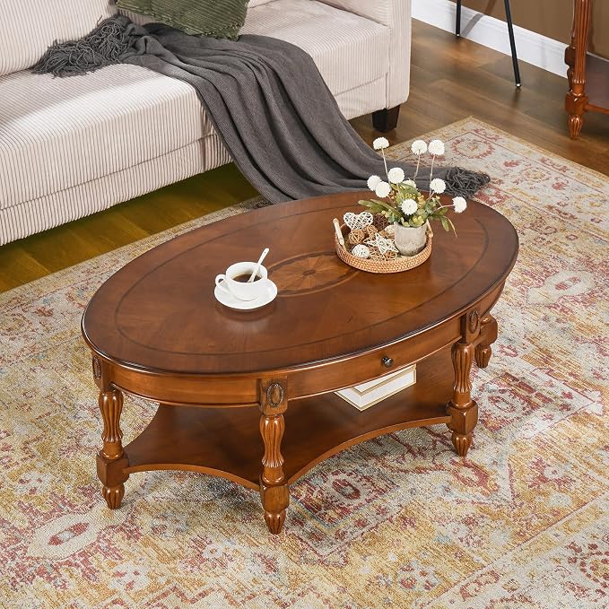 Traditional Solid Wood Oval Coffee Table, 45” x 18” Center Table - Image 2