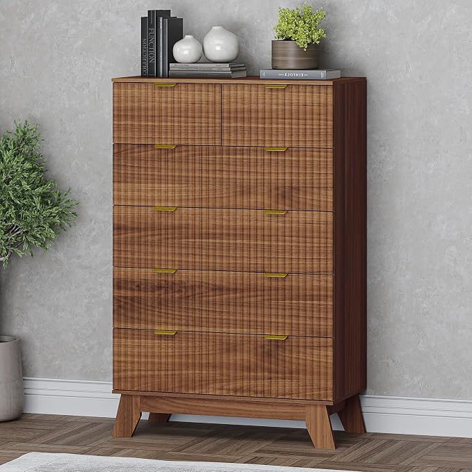 BORNOON 46" Tall Dresser for Bedroom, 6-Drawer Fluted Chest of Drawers by BORNOON