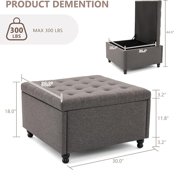 Weture 30 Inch Large Square Storage Ottoman Coffee Table, Oversized Square - Image 2