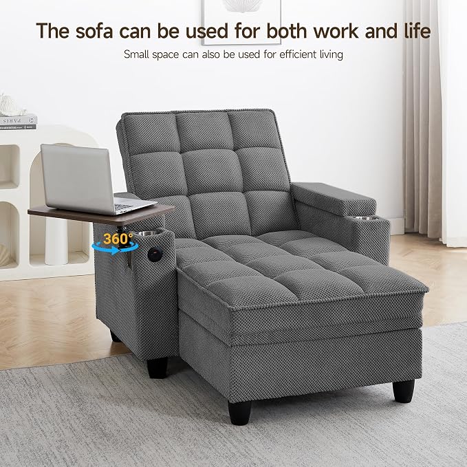 Oversized Recliner Chair with Swivel Tray Table, Modern Tufted Linen Fabric - Image 3