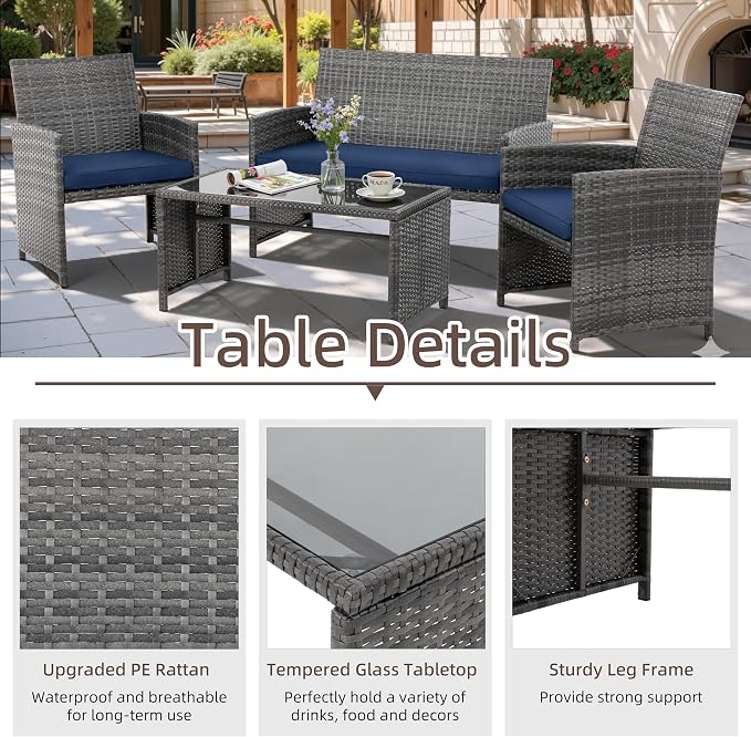 4 Piece Patio Ratten Set Outdoor Furniture Set Wicker Conversation Set - Image 3