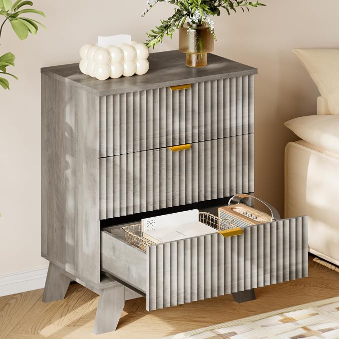 BORNOON 30.5" Nightstand with Charging Station, 3-Drawer Fluted Bedroom Chest - Image 4