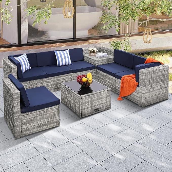KROFEM 8-Piece Patio Furniture Set, Outdoor Wicker Rattan Sectional by KROFEM