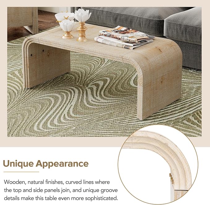 Minimalist Coffee Table with Curved Art Deco Design, Wood Rectangle Center Table - Image 7