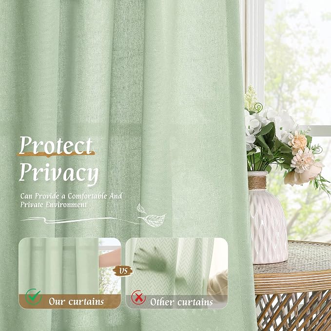 LAMIT Light Green Linen Window Curtains 63 Inch Length, Light Filtering Neutral - Image 5