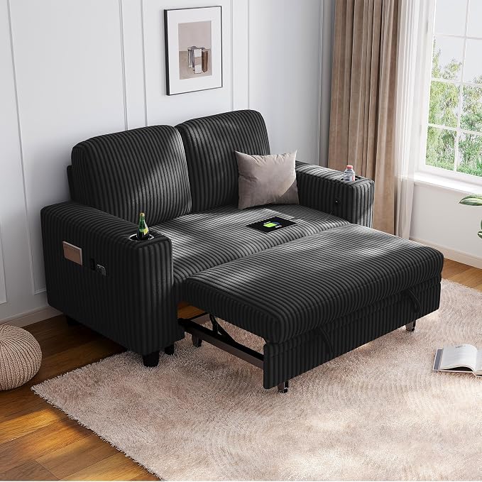 LINSY HOME Loveseat Sofa with Pull Out Couch Chaise: 2-in-1 Convertible 2 by LINSYHOME