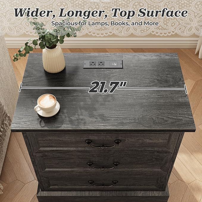 Huuger Nightstand with Charging Station, 3 Drawer Night Stand, 22 Inch Wider - Image 7
