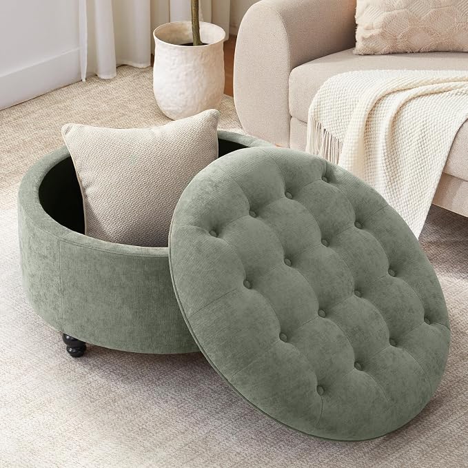 HUIMO 30-Inch Round Storage Ottoman, Modern Button Tufted Coffee Table - Image 7