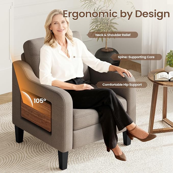 Accent Chair for Living Room Modern Linen Upholstered Armchair Side Wooden - Image 5