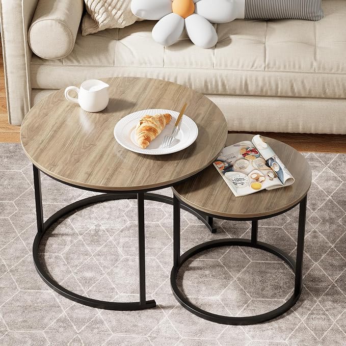 Garden 4 you Nesting Coffee Table, 23.6" Round Coffee Table Set of 2, Wooden - Image 2