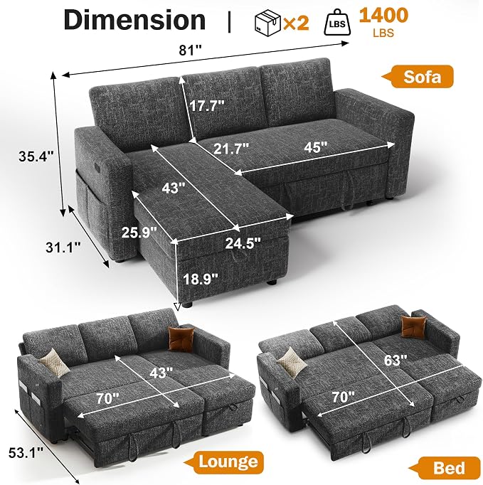 Sunny Heart 82" L Shaped Sectional Sleeper Sofa Bed - Image 2