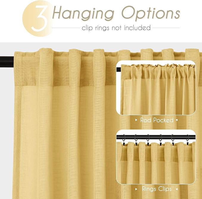 Gold Curtains for Living Room Back Tab Modern Farmhouse Semi Sheer Curtains 96 - Image 2
