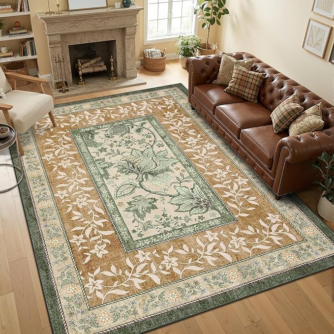 GarveeHome Terracotta Olive Sage Green Washable 6x9 Area Rugs, Botanical Grove - Image 3