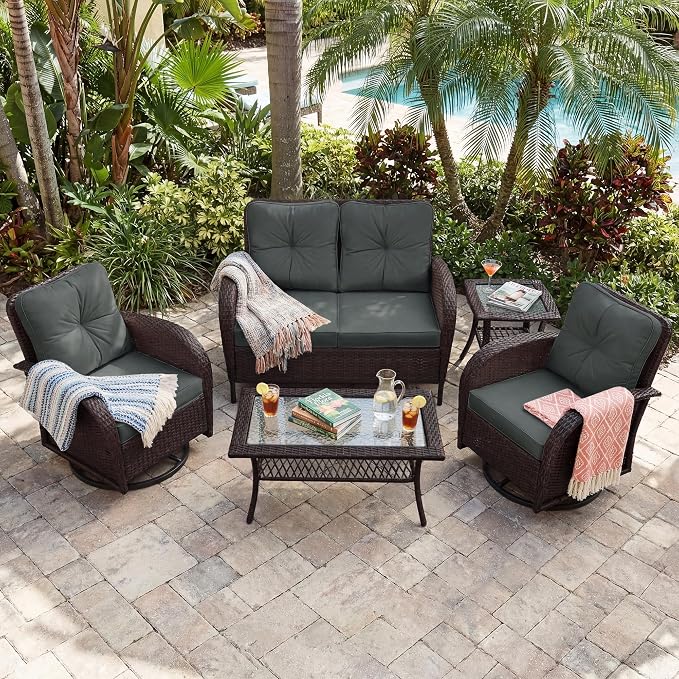 UPHA 5 Pieces Patio Furniture Sets, Wicker Outdoor Loveseat Sofa Set - Image 5