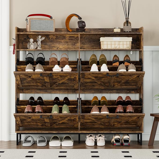 BORNOON Shoe Cabinet with 4 Flip Drawers Narrow Shoe Storage Cabinet Organizer - Image 7