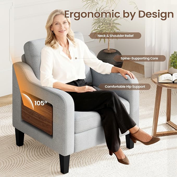 Accent Chair for Living Room Modern Linen Upholstered Armchair Side Wooden - Image 6
