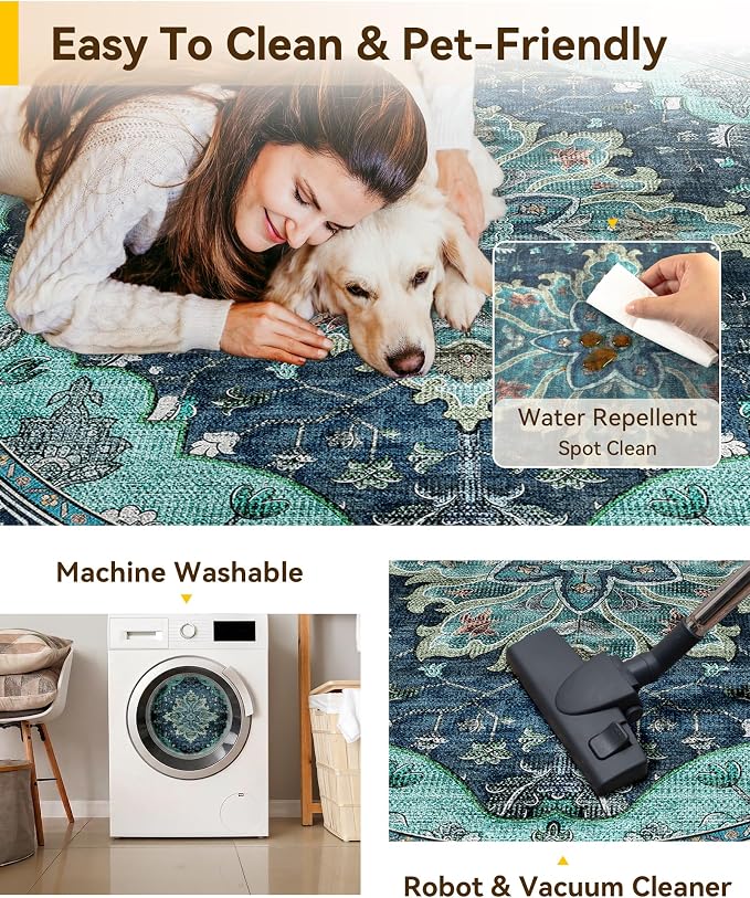 RELEANY Area Rugs Round 10ft Washable Non-Slip, Floral Vintage Distress Print - Image 5