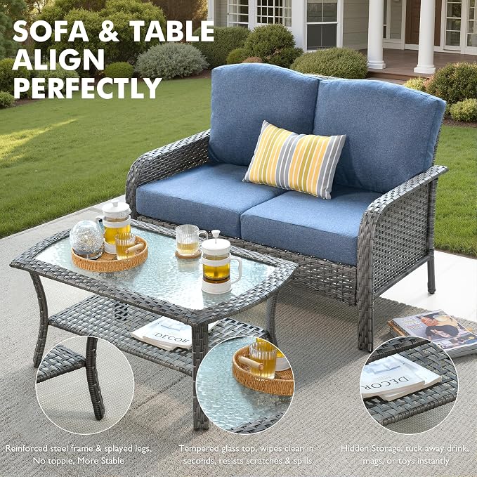 Weaxty Wicker Patio Furniture Set High Back Loveseat Sofa Couch Armchair Coffee - Image 6