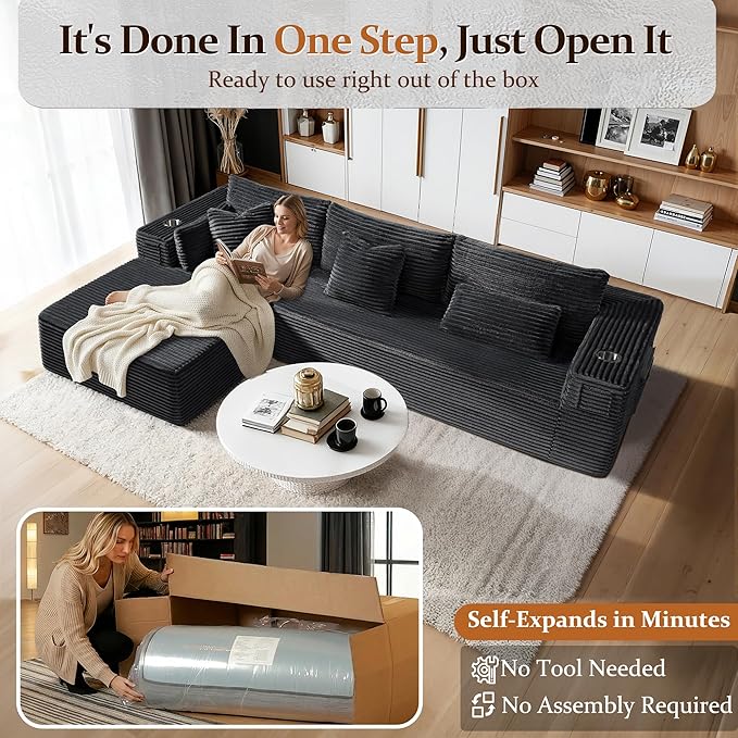 108" Oversized Cloud Sectional Couch, Comfort L Shaped Boneless Couch - Image 3