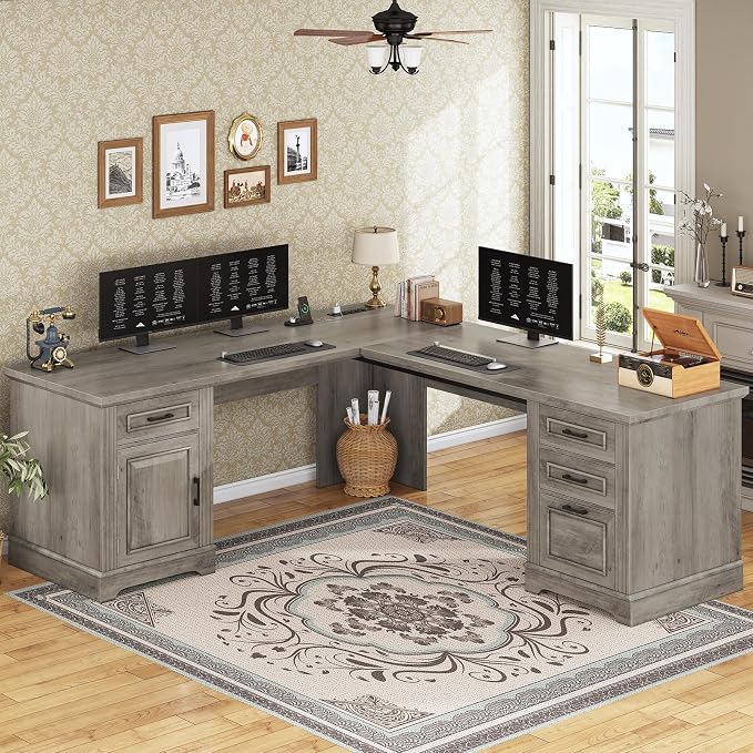 SEDETA 69" L Shaped Desk with Drawers and Storage, Farmhouse Computer Desk with - Image 3