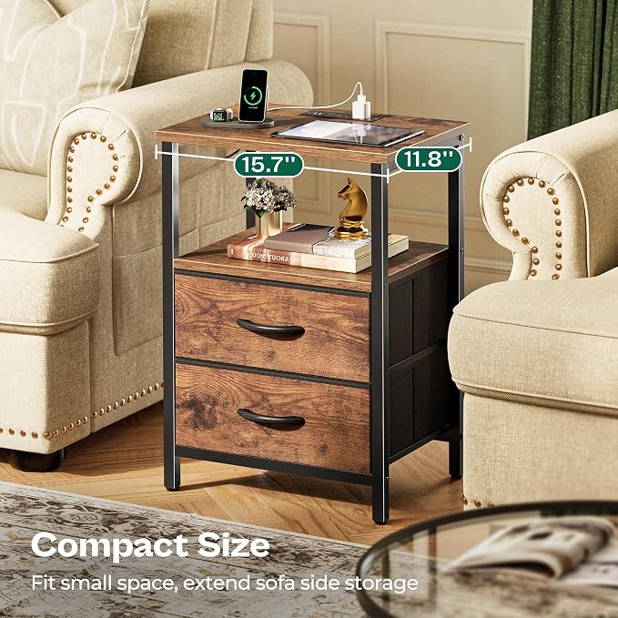 Huuger Night Stand with Charger Station and LED Lights, 2 Drawer Nightstand - Image 8