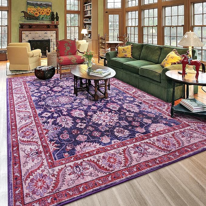 Area Rug for Living Room, 8x10 Area Rugs Washable, Retro Floral Non-Slip Carpet by Rtizon