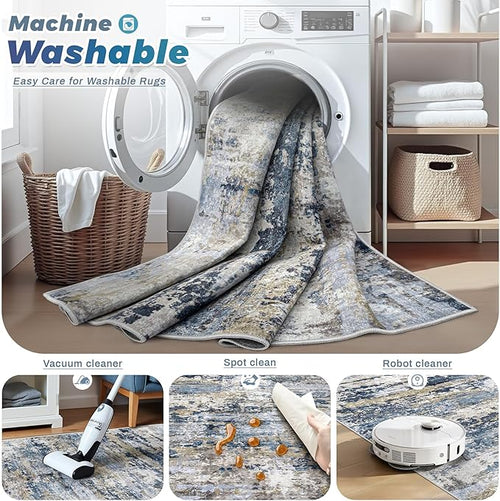 Area Rugs 10x14 Living Room: Washable Rug Modern Abstract Neutral Soft Non-Slip - Image 2