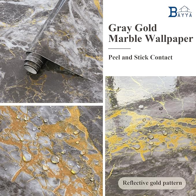 BAYYA 48"x80" Extra Wide Marble Contact Paper Grey/Gold Glossy Marble Wallpaper - Image 6