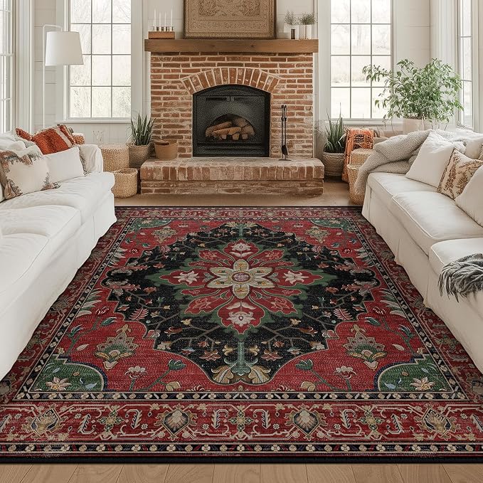 RELEANY Area Rugs Square 8ft Washable Non-Slip, Floral Vintage Distress Print - Image 2