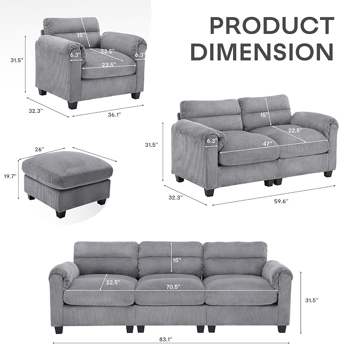 HAOMARKETS Corduroy Sofa Set, Upholstered Ottoman Footrest, Modern Living Room - Image 2