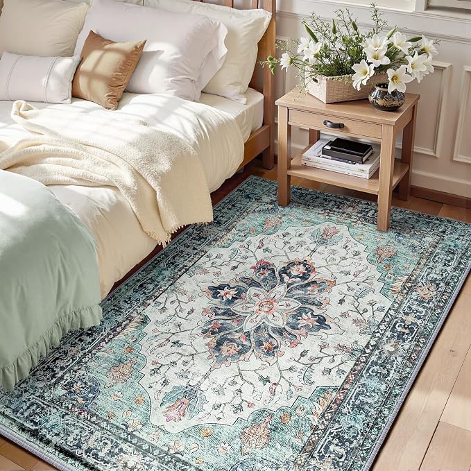 RELEANY Area Rugs 3'x4' Washable Non-Slip, Floral Vintage Distress Print by RELEANY