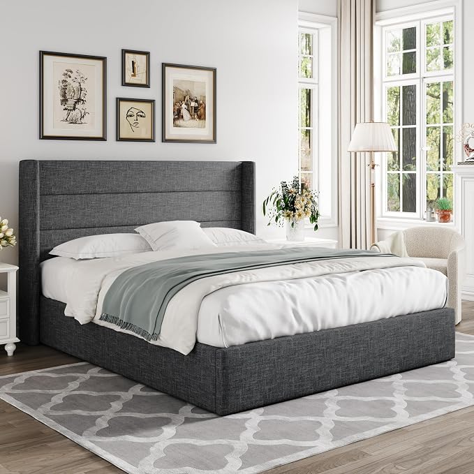 Allewie Queen Size Lift Up Storage Bed, Modern Wingback Headboard, Hydraulic - Image 8