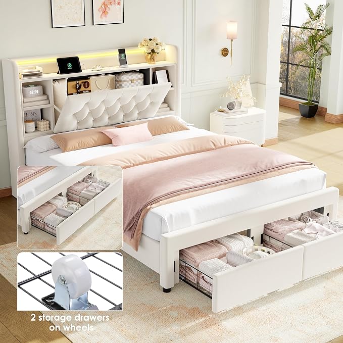 Queen Bed Frame with Drawers, Hidden-Cubby & Shelves Storage Headboard with - Image 5