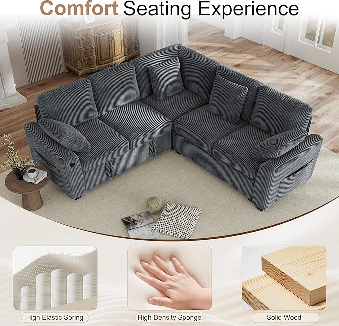 Hanherry Sectional Couch with Pull Out Sofa Bed, Corduroy Sleeper Sofa with 2 - Image 7