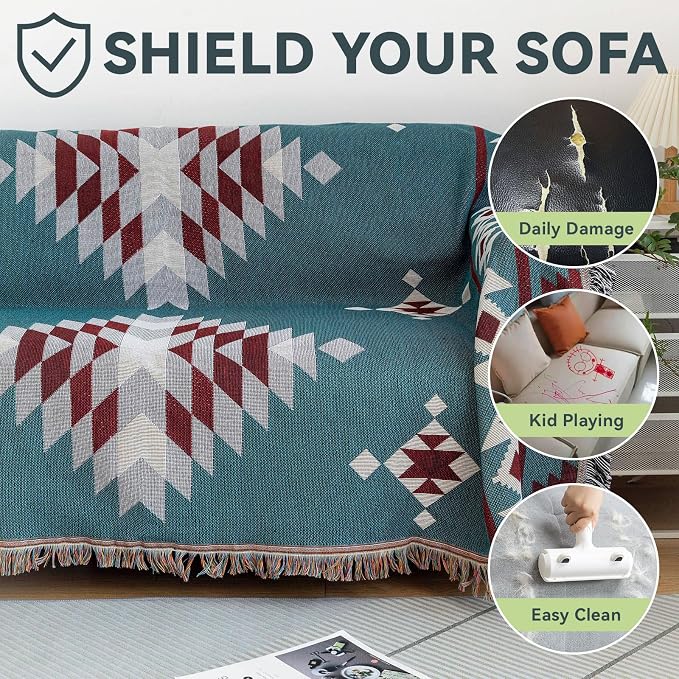 VClife Boho Couch Cover Soft Cotton Linen Blue Red Gray Triangle Plaid - Image 7