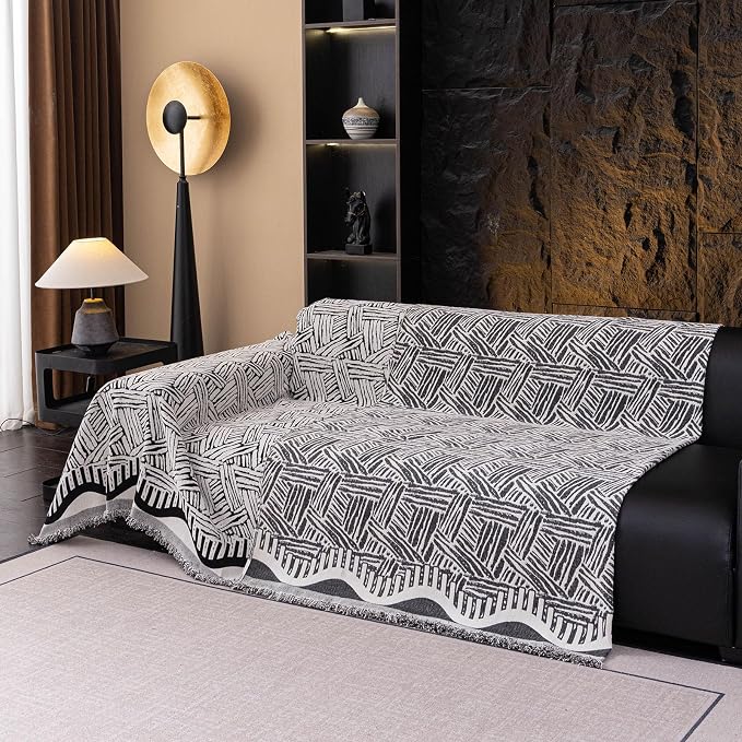 VClife Boho Couch Cover, Abstract White and Black Line Geometric Jacquard Couch - Image 6