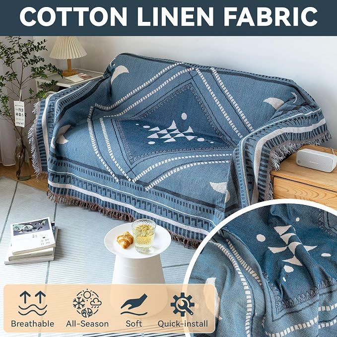 VClife Boho Couch Cover White Blue Plaid Stripe Couch Cover Washable L Shape - Image 2