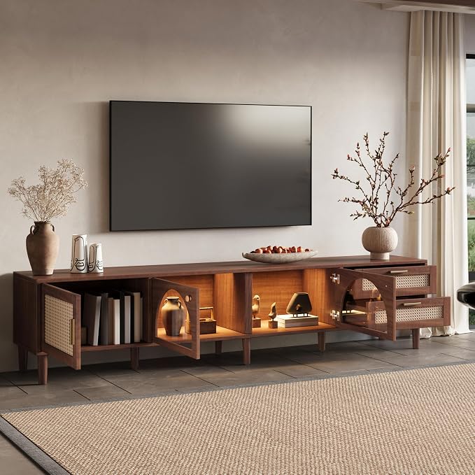 Merax Rattan TV Stand with LED Lights, Solid Wood Feet, Living Room, Bedroom - Image 3