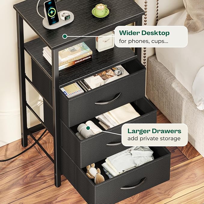 Huuger Night Stand with Charger Station and LED Lights, 3 Drawer Nightstand - Image 7