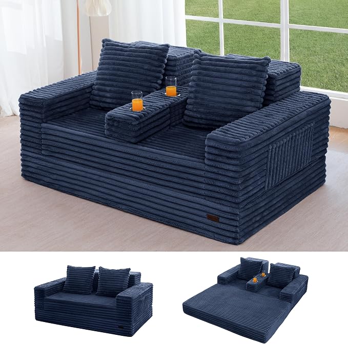 MAXYOYO Loveseat Sofa Bed, Striped Faux Fur Foldable Floor Sofa Couch in A Box by MAXYOYO